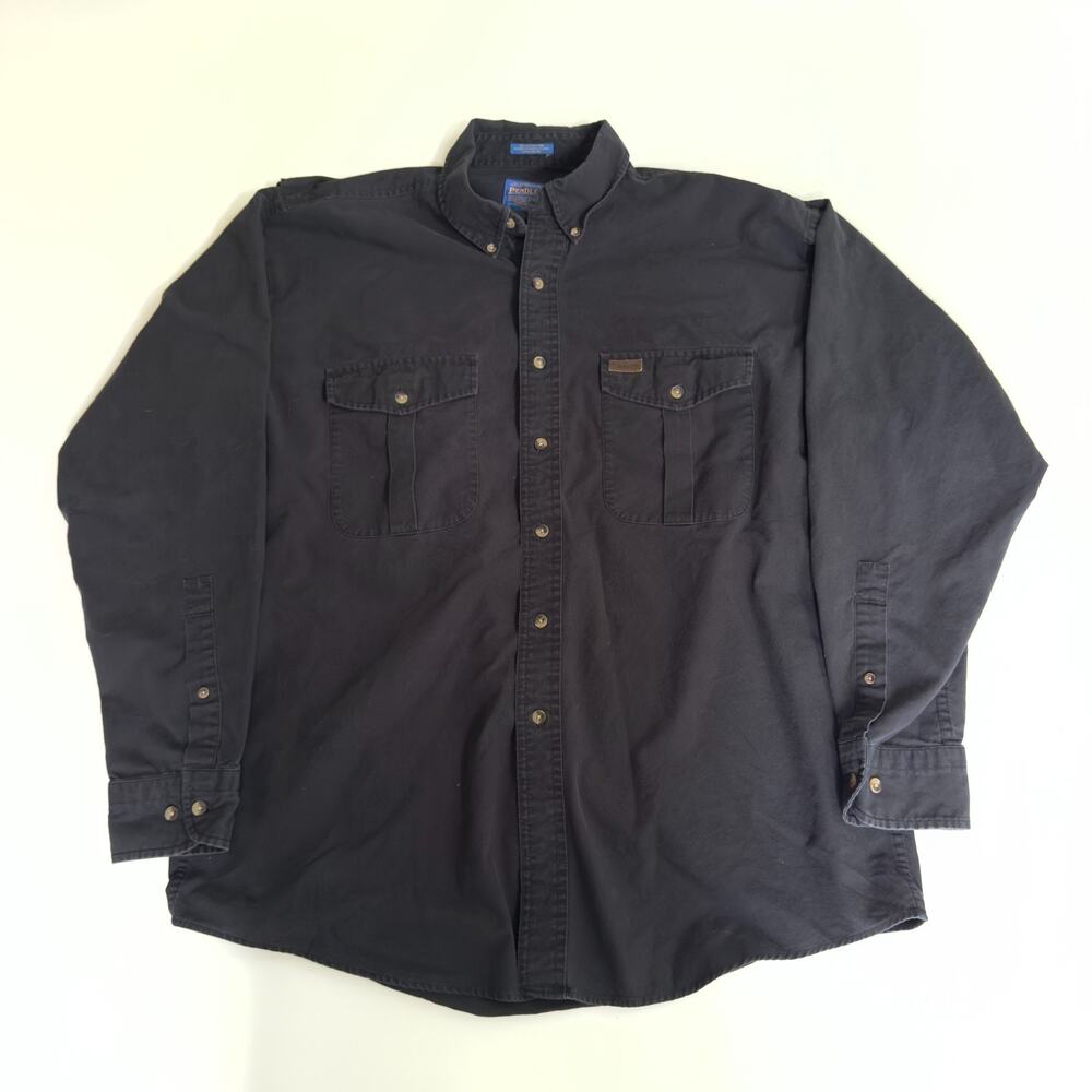 Pendleton Mens L Black Cotton Button Up Work Shirt Long Sleeve Wooden Buttons
